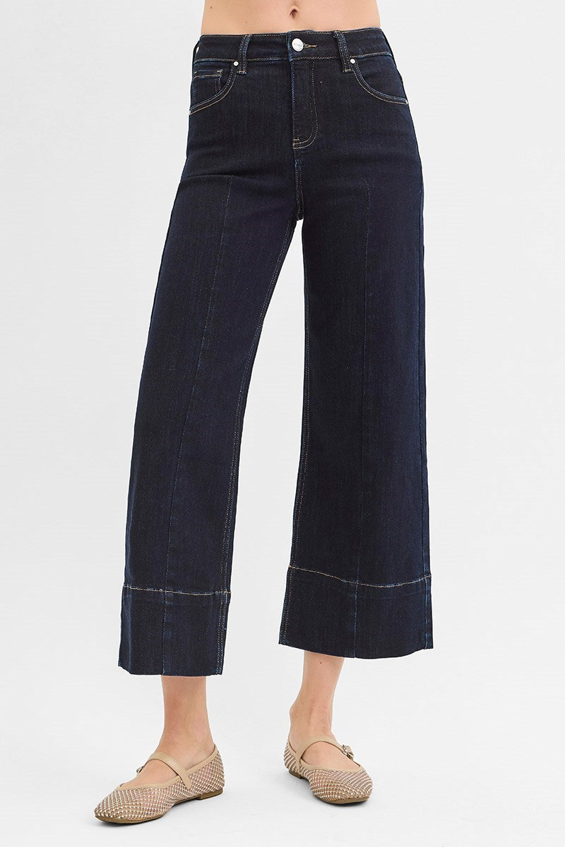 Dark wash tummy control high rise cropped wide leg jeans with seam detail by Risen