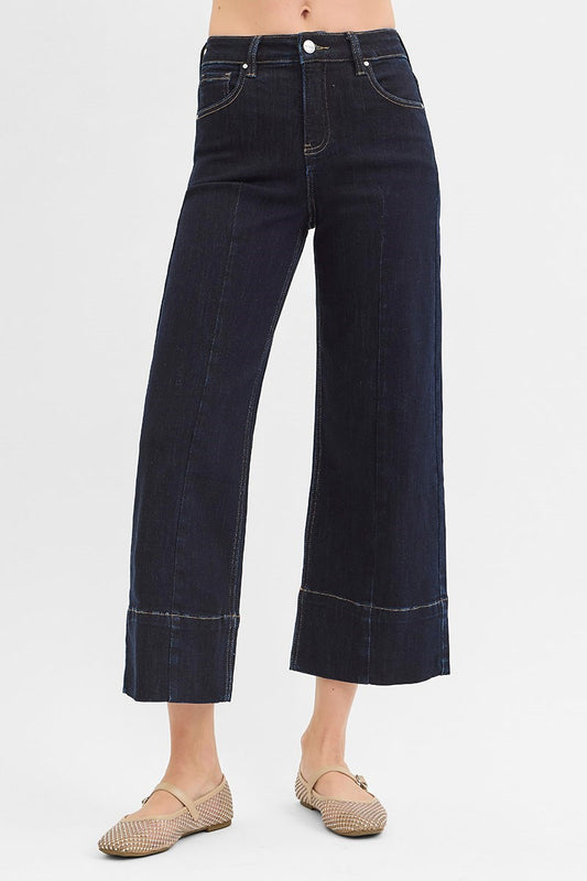 Dark wash tummy control high rise cropped wide leg jeans with seam detail by Risen