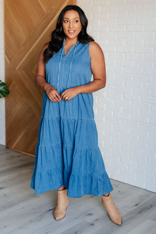 Denim Maxi Dress
Chambray Woven
V-Neckline
Functional Neck Ties
Sleeveless
Tiered
95% Cotton, 5% Polyester
True to Size