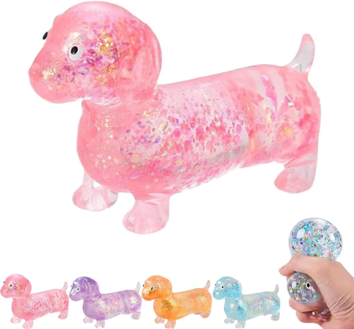 Stretchy glitter dachshund squishy toy being pulled for sensory play
