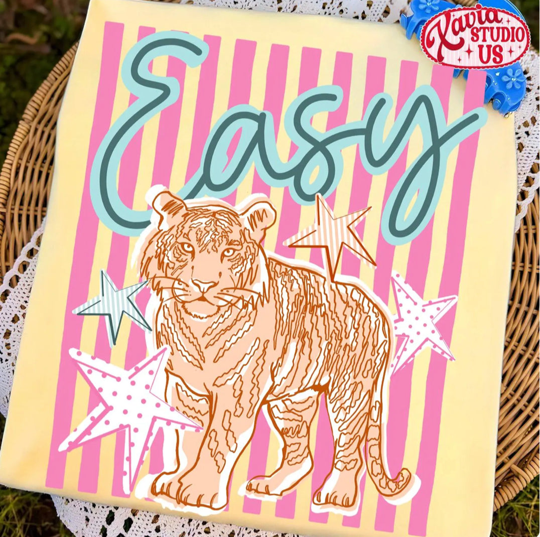 Pink Pinstripe Easy Tiger graphic tee with tiger, stars, and retro pink stripe design on olive, sky blue, and butter shirt options