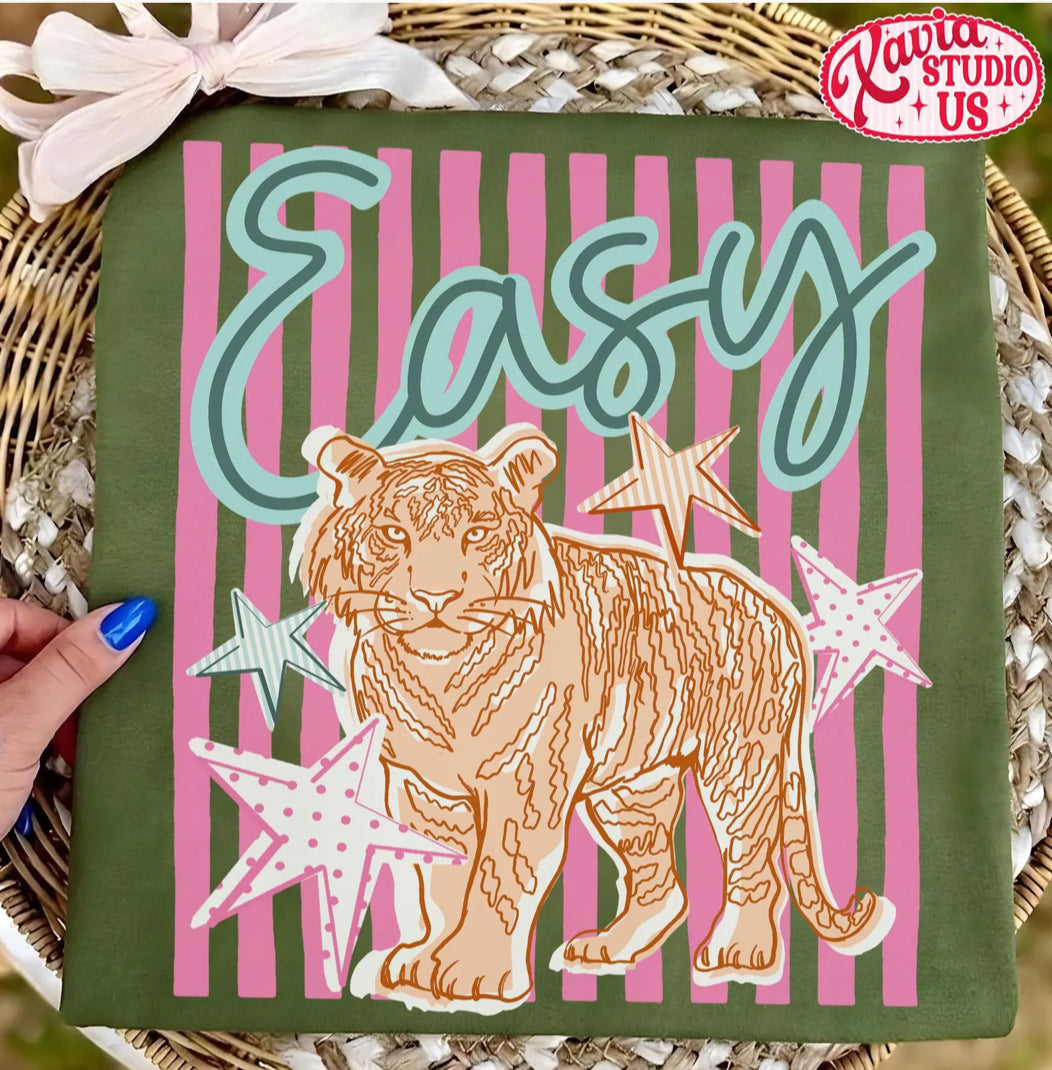 Pink Pinstripe Easy Tiger graphic tee with tiger, stars, and retro pink stripe design on olive, sky blue, and butter shirt options