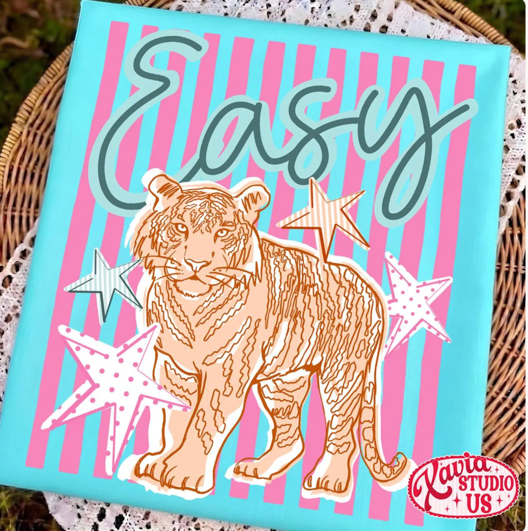 Pink Pinstripe Easy Tiger graphic tee with tiger, stars, and retro pink stripe design on olive, sky blue, and butter shirt options