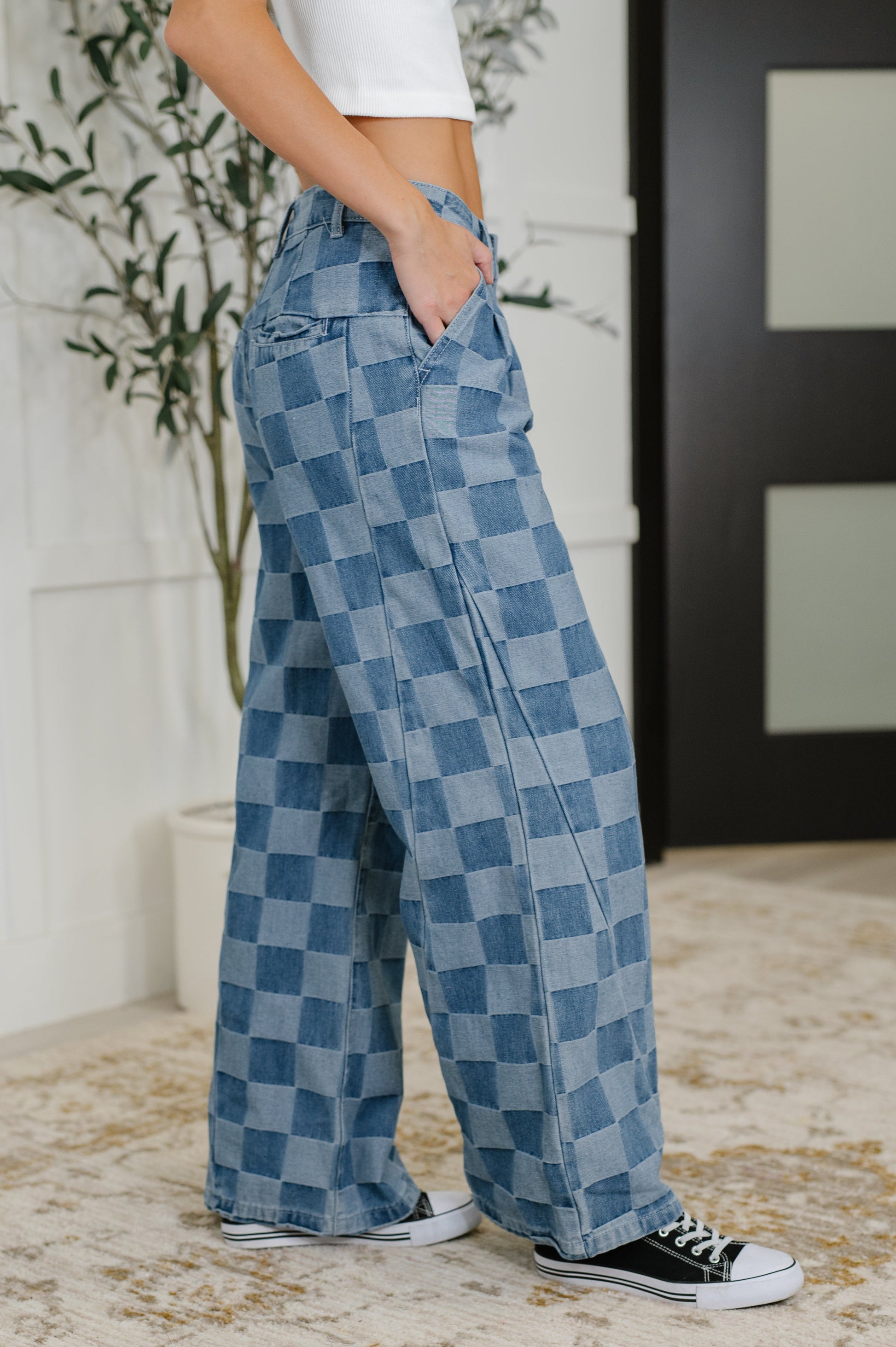Blue checkered, Wide leg denim pants 