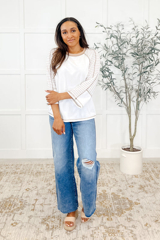 Beige striped, soft, French terry, exposed seam top