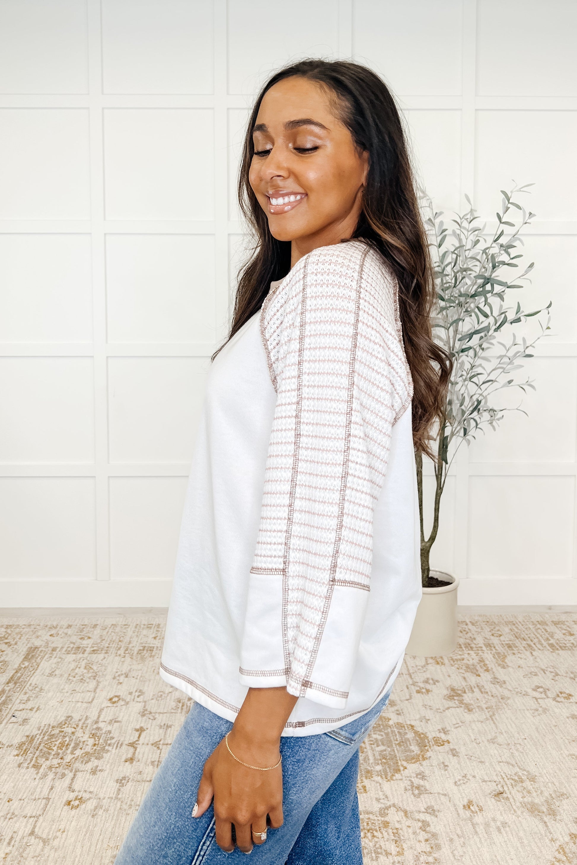 Beige striped, soft, French terry, exposed seam top