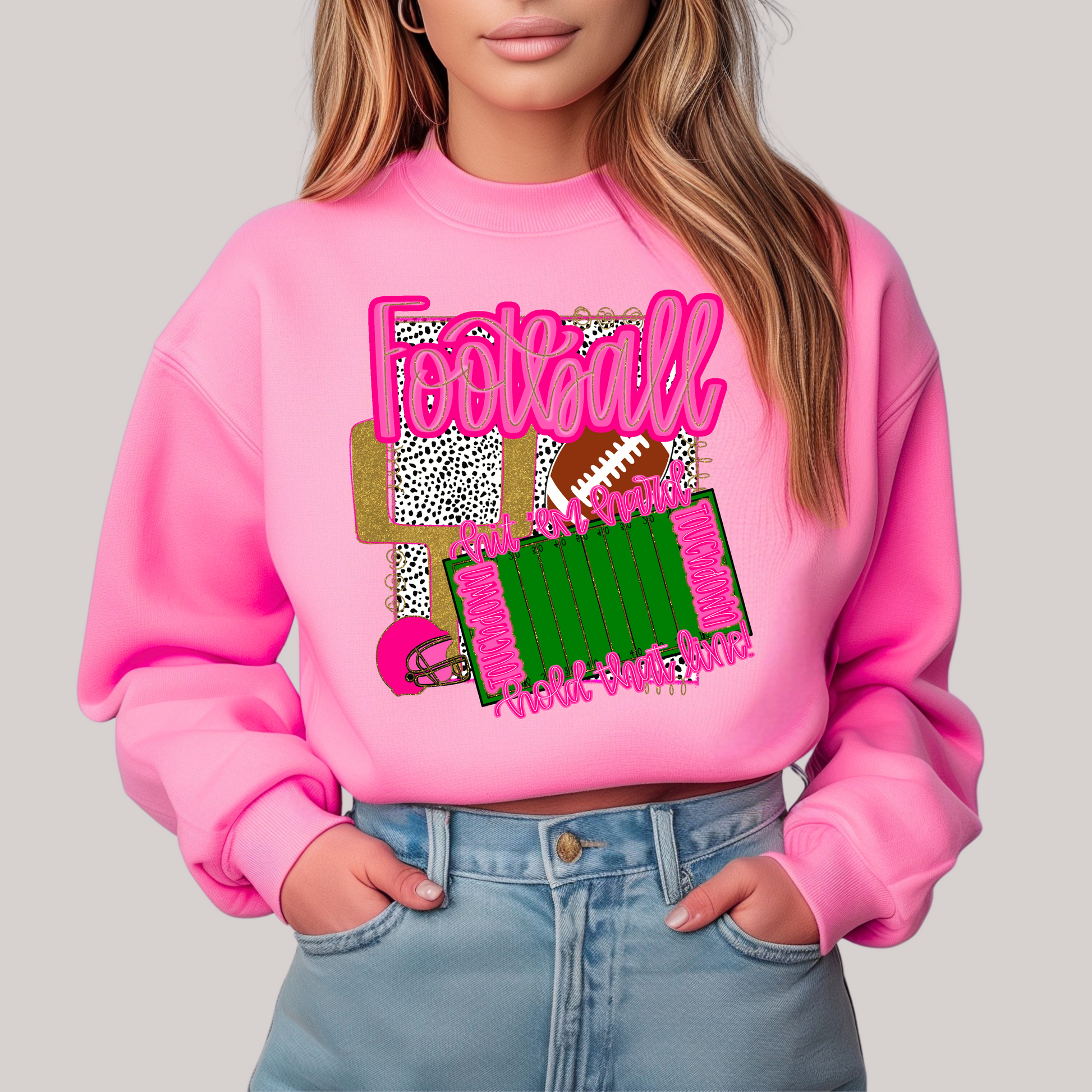 Pink sweatshirt with Football-themed graphics 
