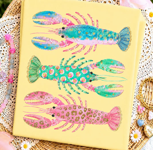 Preppy leopard girlie lobster graphic tee in butter yellow with colorful pink, turquoise, and green coastal lobster design