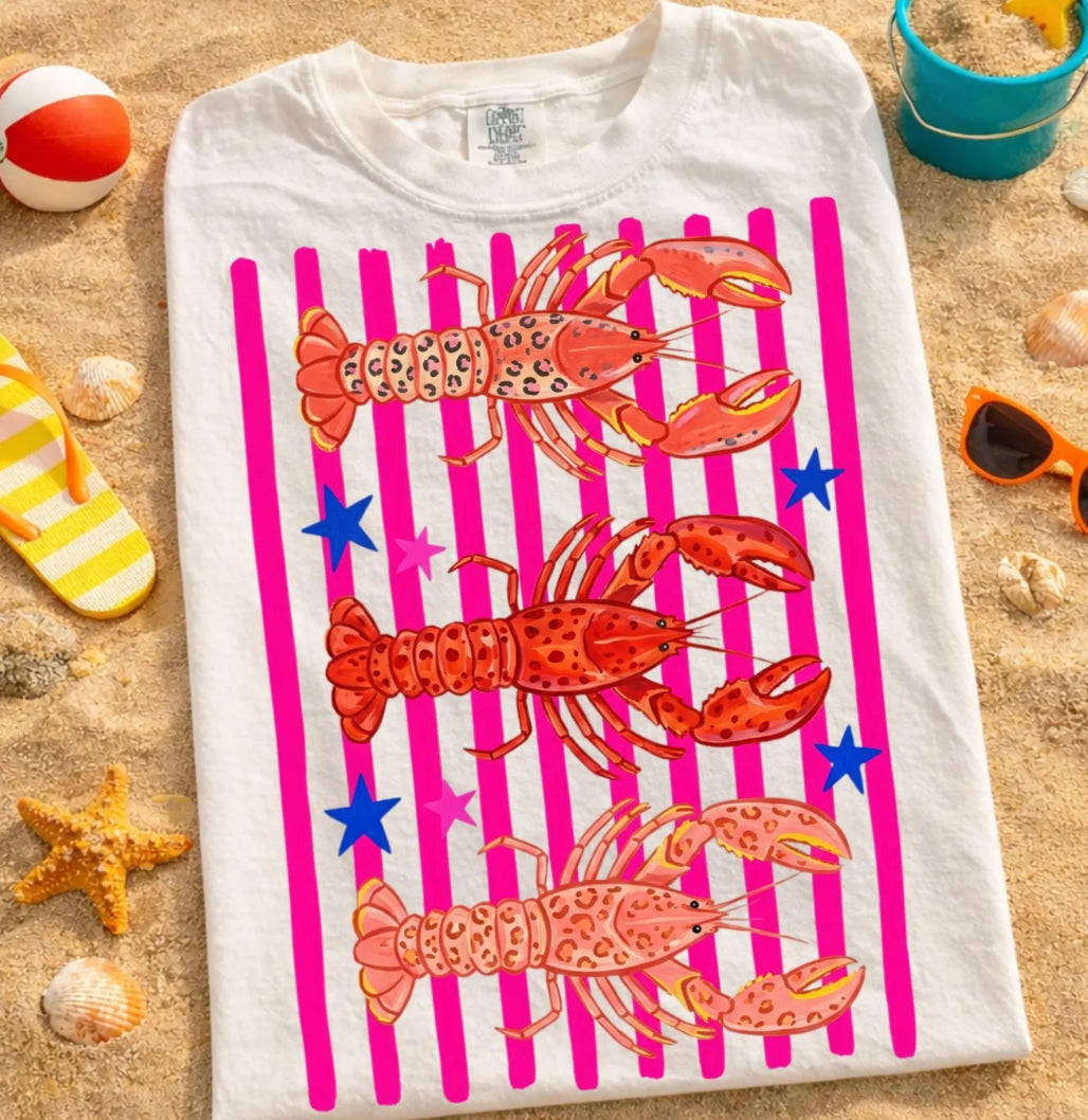 Summer coastal lobster graphic t-shirt with bright pink stripe design