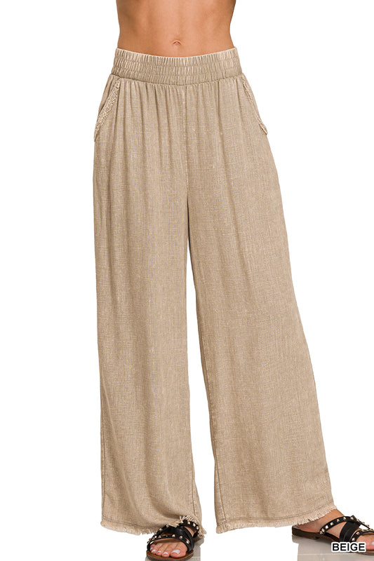 Washed Linen Frayed Hem Elastic Waist Pants