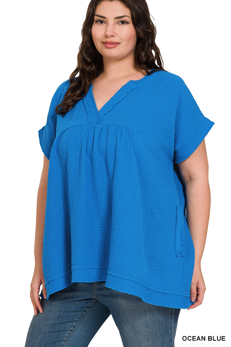 PLUS GAUZE RAW EDGE SHORT SLEEVE V-NECK SHIRT BY ZENANA