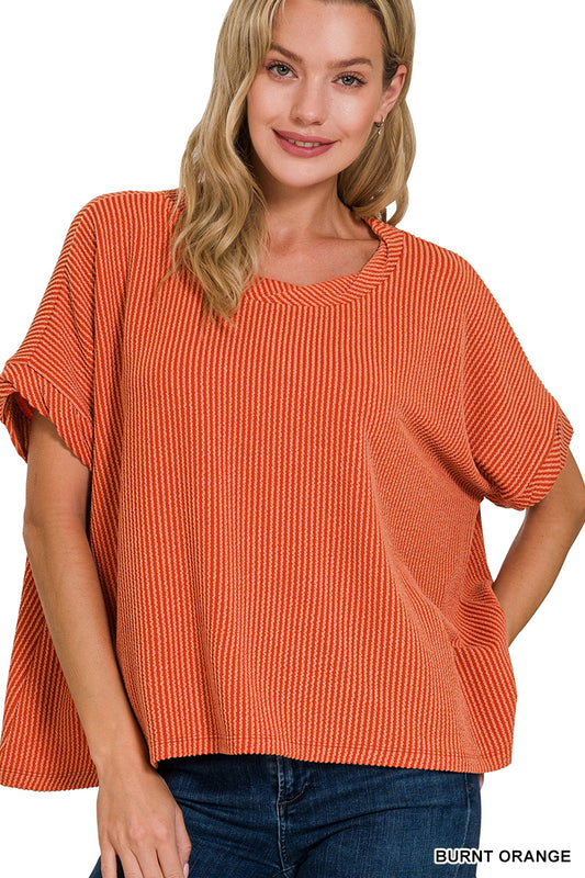 Textured Line Short Twisted Sleeve Top in Burnt Orange