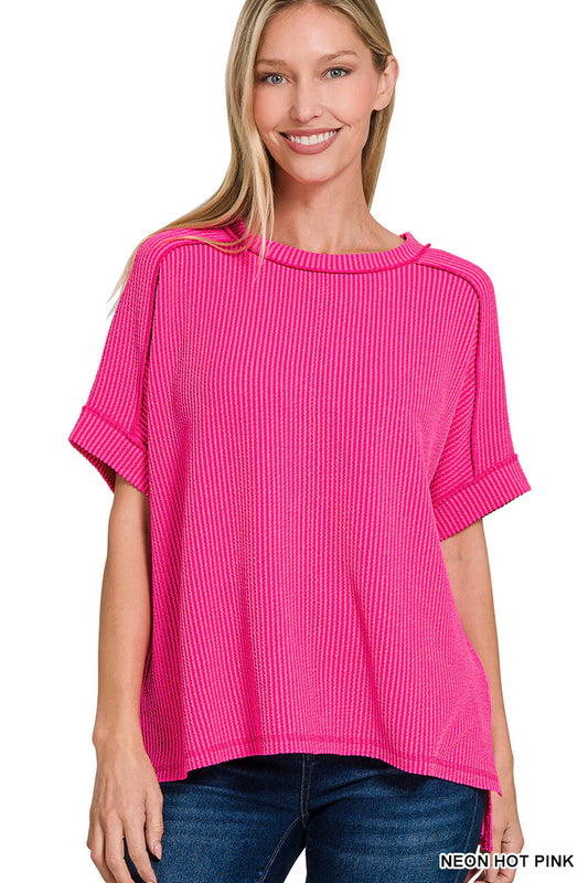 Hot Pink corded rib short sleeve top