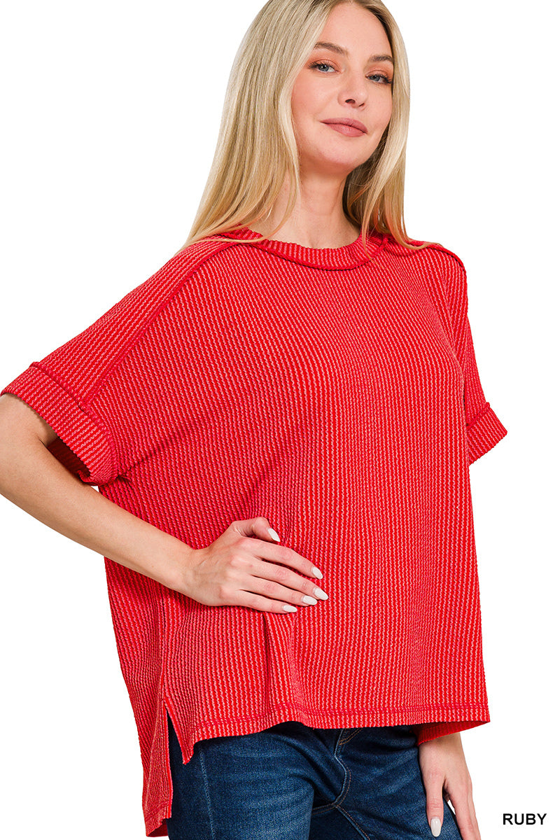 Corded Rib Cuff Sleeve Raw Edge Top