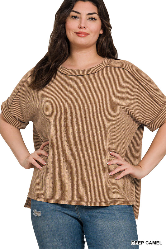 Plus Corded Rib Cuff Sleeve Raw Edge Top in Deep Camel