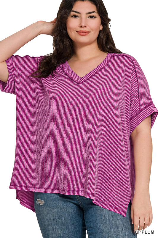 Corded Rib Short Sleeve Hi Low V Neck Top