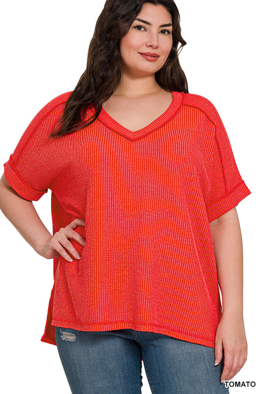Corded Rib Short Sleeve Hi Low V Neck Top In Tomato