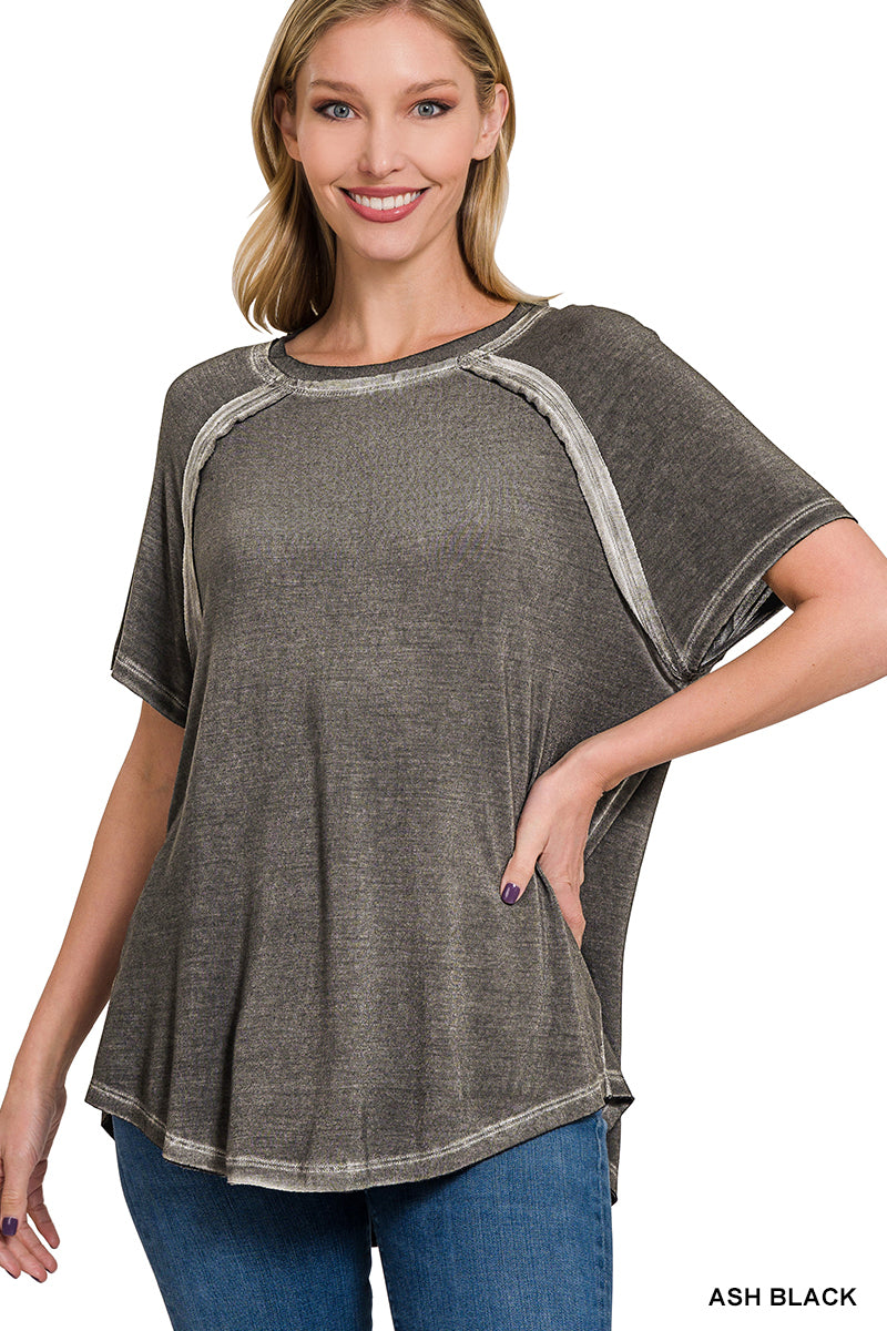 Washed Short Sleeve Boat Neck Top with Hi Low Hem