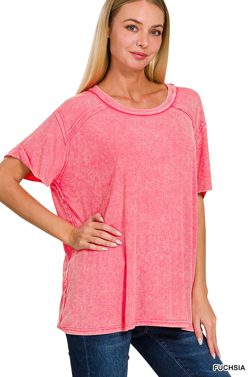 Washed Short Sleeve Boat Neck Top with Hi Low Hem