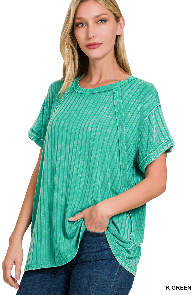 RIBBED RAGLAN DOLMAN SLEEVE BOAT-NECK TOP BY ZENANA