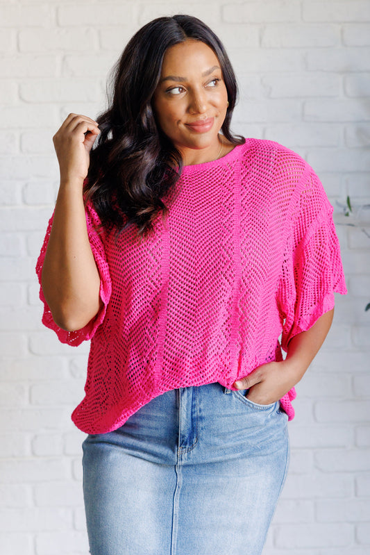 Pink open sweater knit, high stretch, drop shoulder, boat neck, scalloped sleeve cuff, boxy fit top