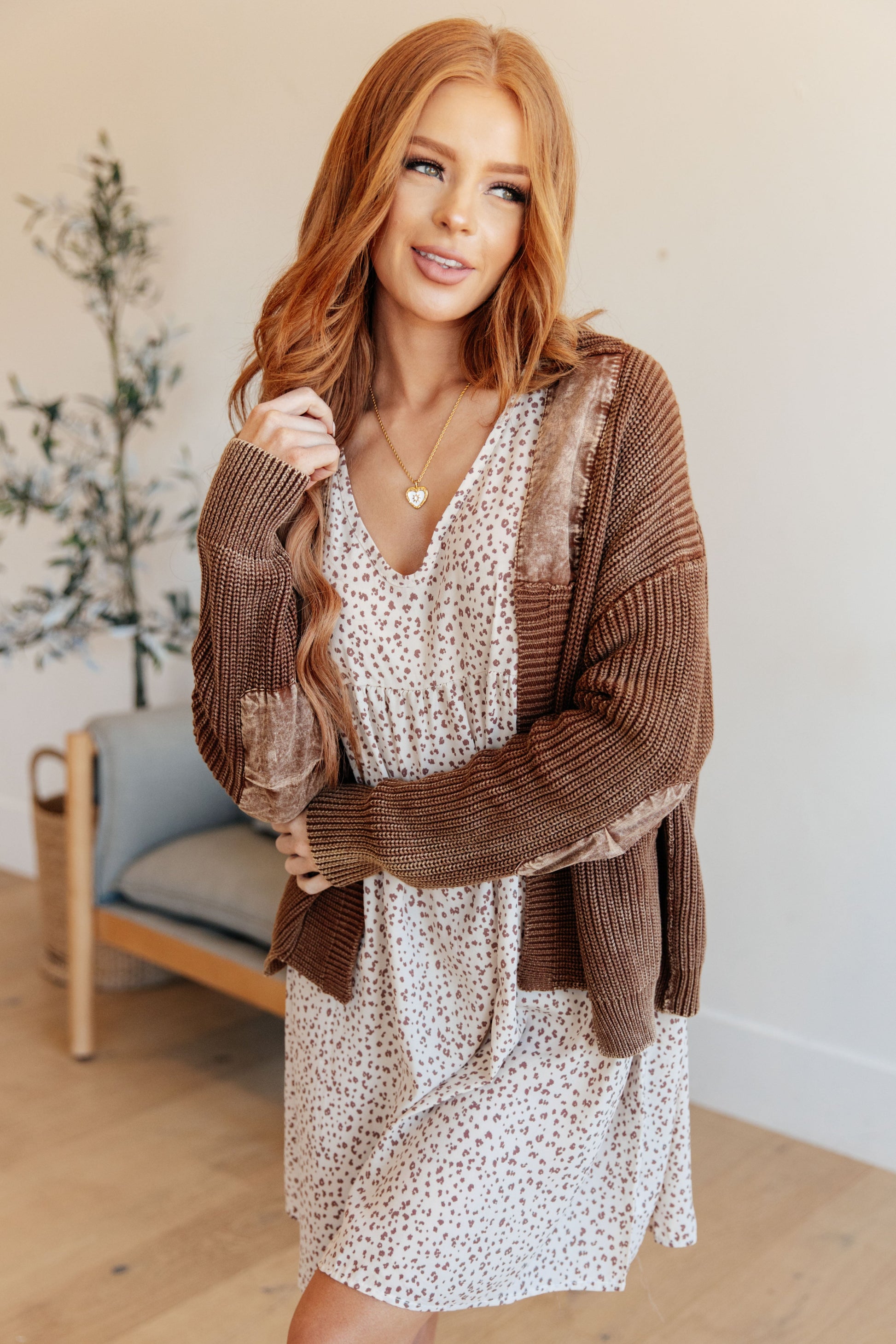 Mocha mineral washed sweater knit cardigan by Heyson