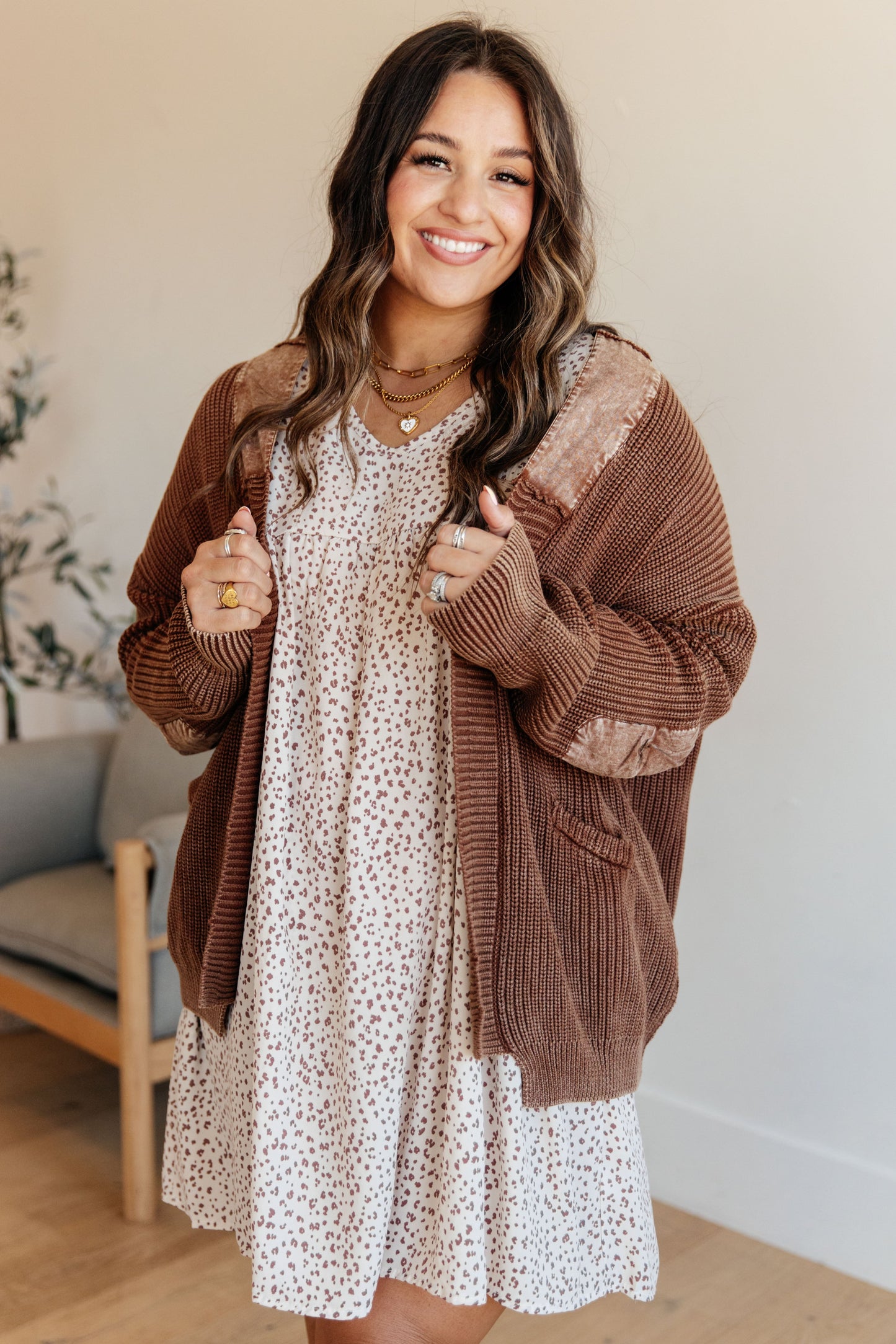 Mocha mineral washed sweater knit cardigan by Heyson