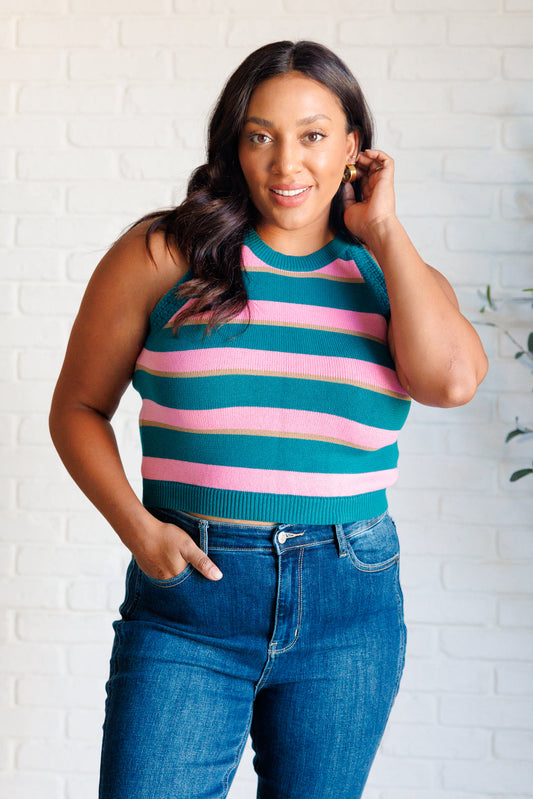 Pink and green sweater knit ribbed round neckline banded armhole banded ribbed hemline true to size tank top