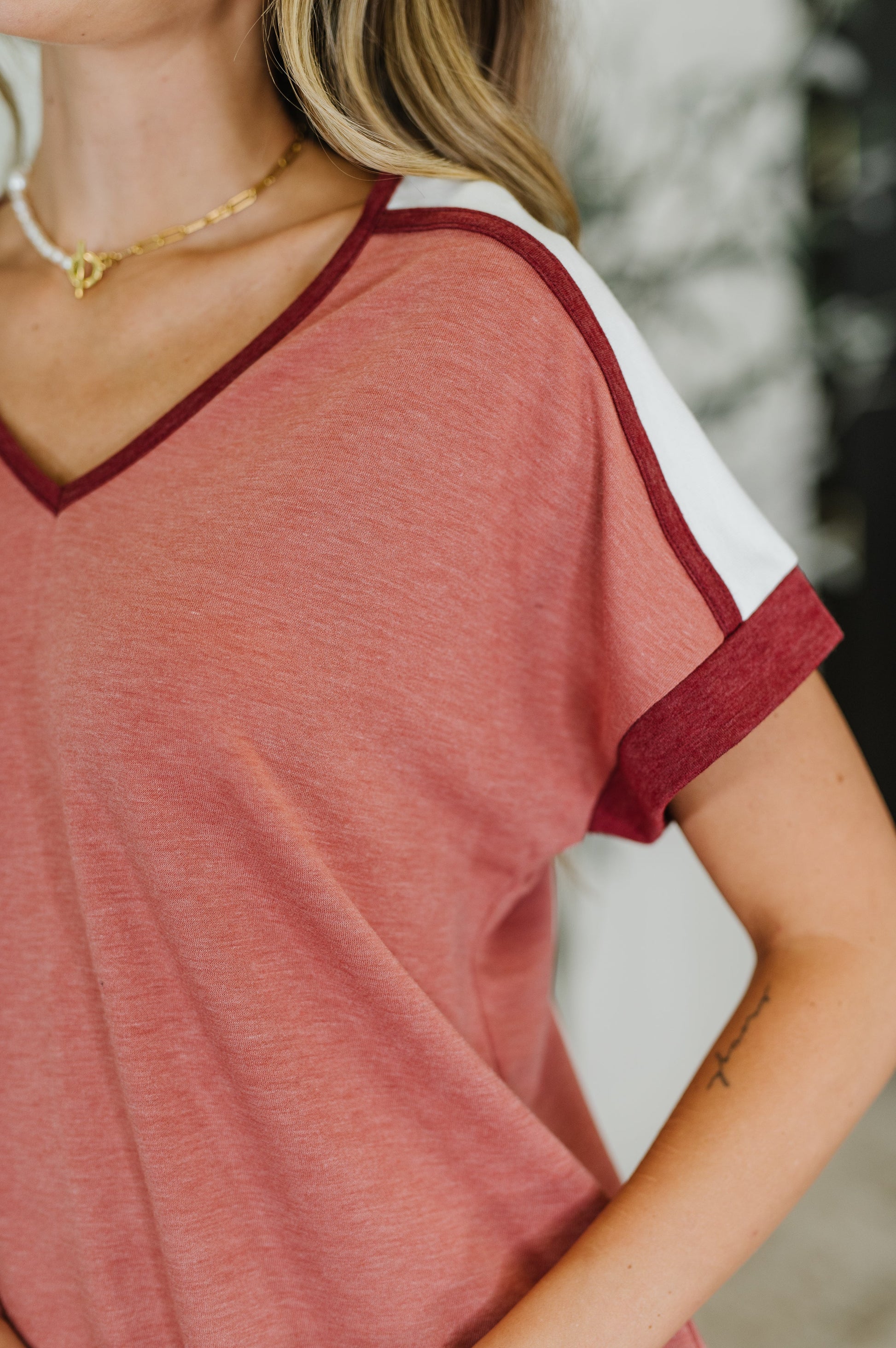 French Terry
High-Stretch
V-Neckline
Banded Sleeve Cuff
Contrast Details
Self: 83% Polyester, 14% Rayon, 3% Spandex
Contrast: 65% Polyester, 26% Rayon, 9% Spandex
True to Size