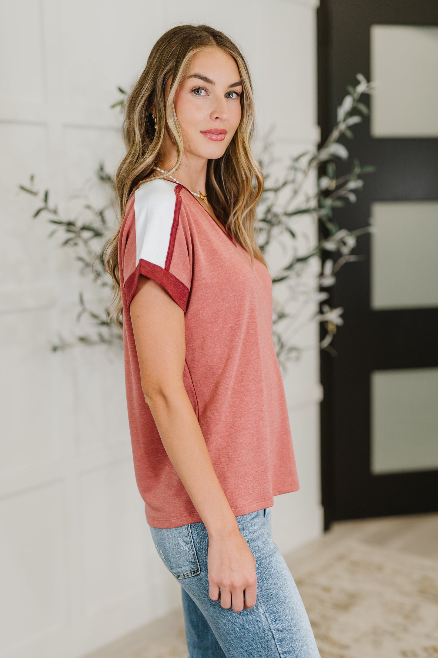 French Terry
High-Stretch
V-Neckline
Banded Sleeve Cuff
Contrast Details
Self: 83% Polyester, 14% Rayon, 3% Spandex
Contrast: 65% Polyester, 26% Rayon, 9% Spandex
True to Size