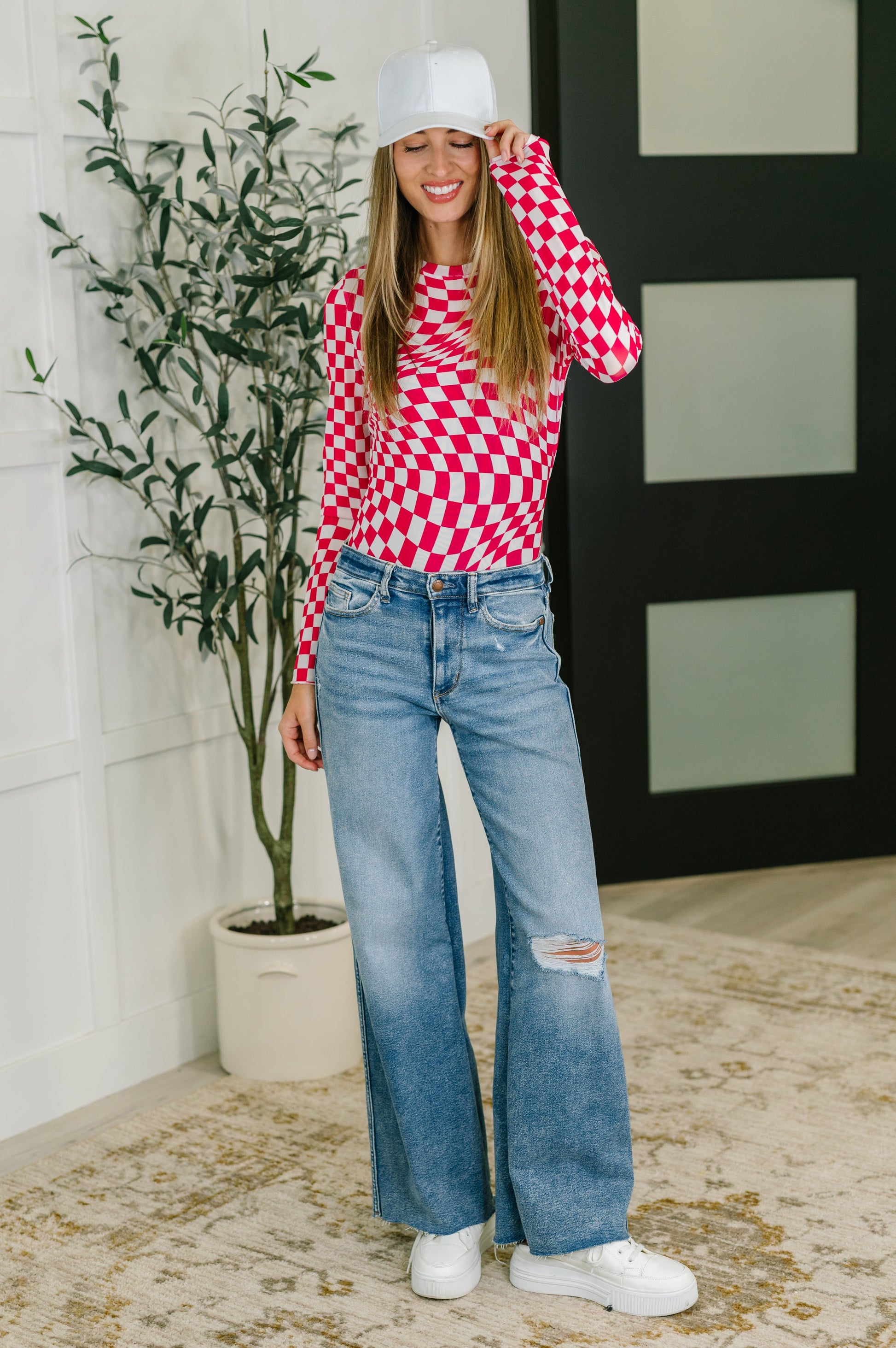 Red, long sleeve sheer checkered shirt 