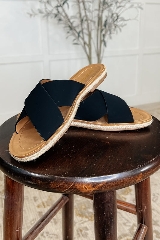 Black, slip on, criss cross, braided twine, rubber sole, round toe sandal