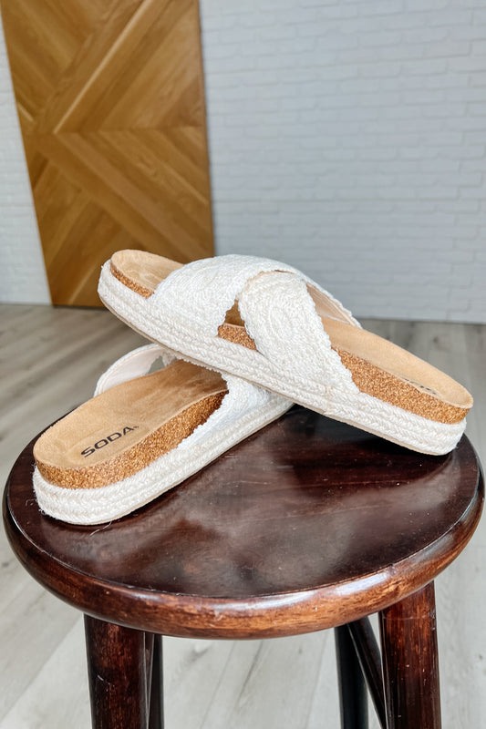 Beige slip-on sandals with crocheted straps and twine woven detail by SODA