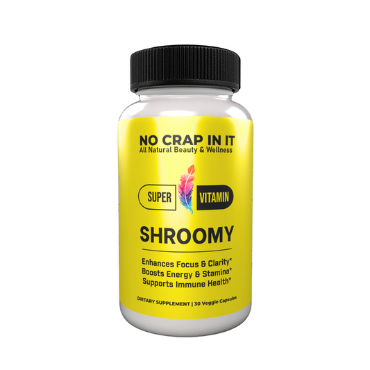 A bottle of 'No Crap In It' brand Shroomy Super Vitamin supplement, with the label indicating it enhances focus, clarity, boosts energy and stamina, and supports immune health.