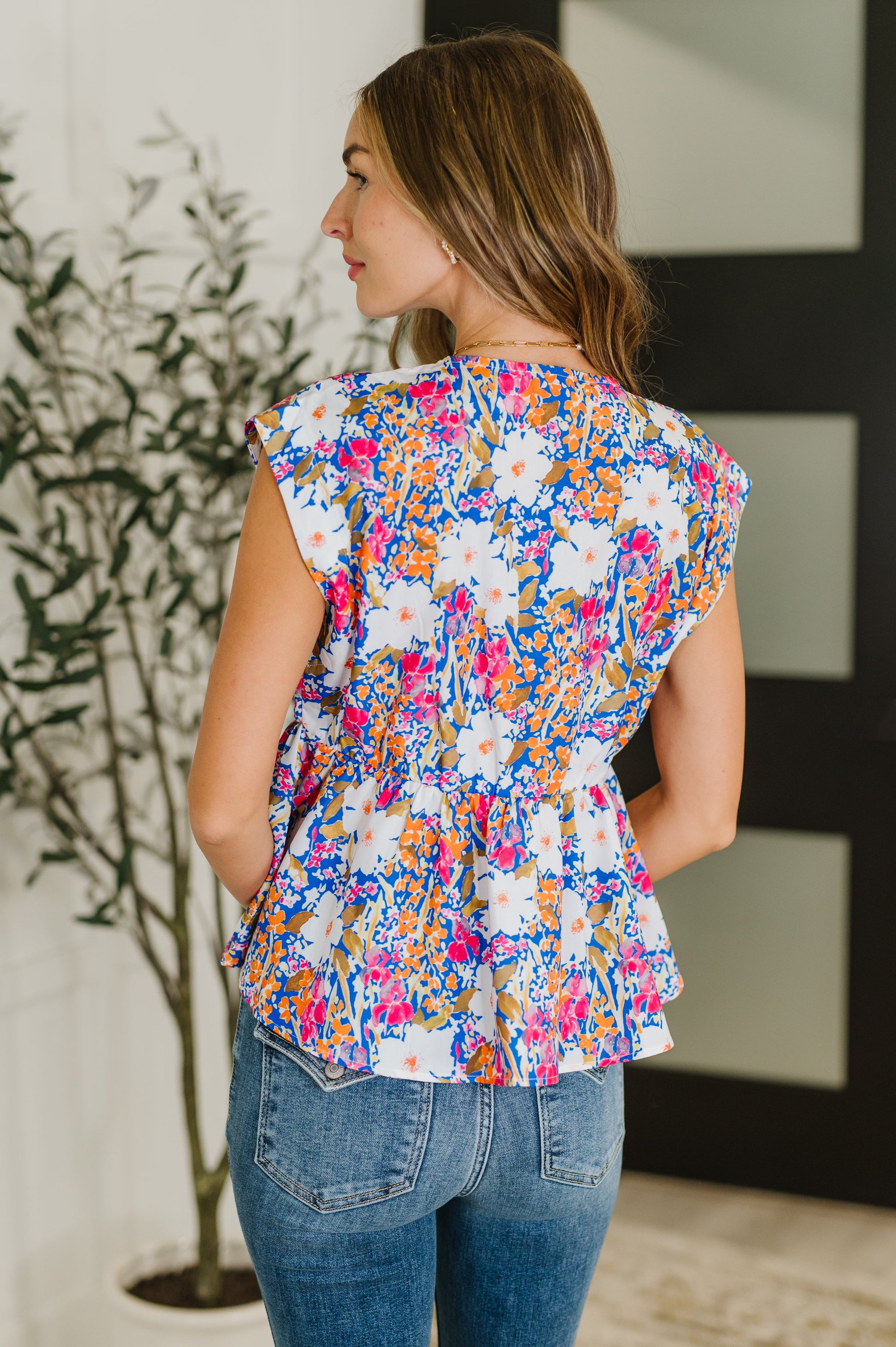 Sleeveless Bow Blouse in Pink and Orange Floral