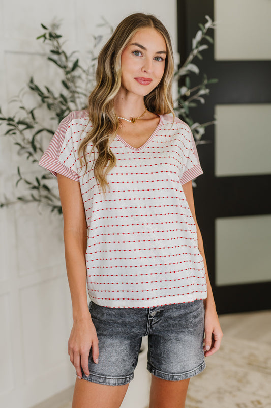 V Neck Top in Ivory and Red