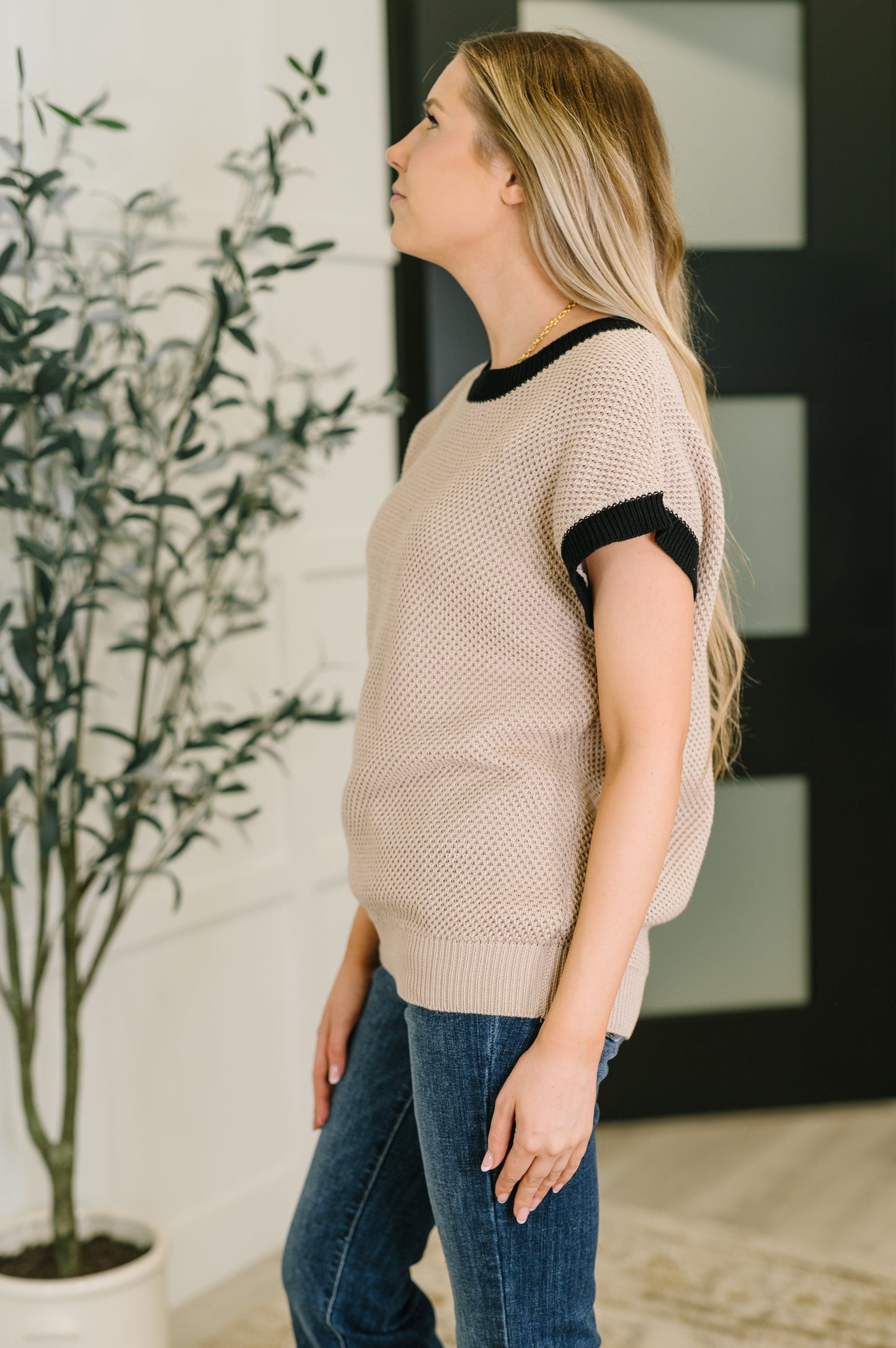 Beige contrast trim short sleeve sweater
Light-Mid Weight Sweater Knit
Stretch
Banded, Ribbed Round Neckline
Banded, Ribbed Sleeve Cuff
Ribbed Hemline
55% Acrylic, 45% Cotton
True to Size