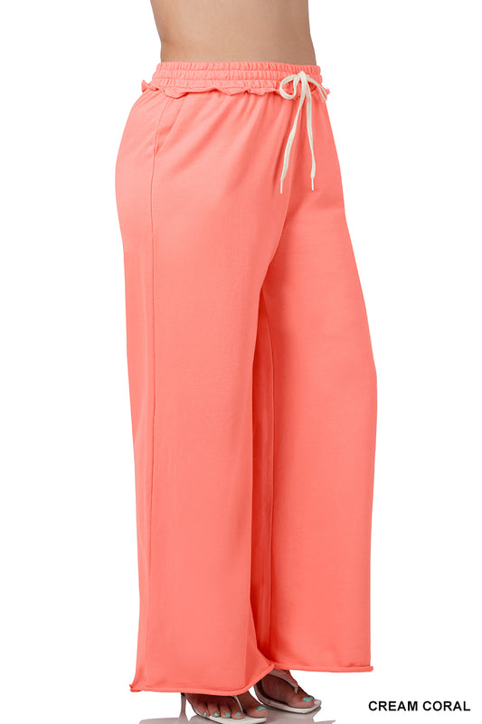 Plus French Terry Drawstring Waist Raw Edge Hem Pants