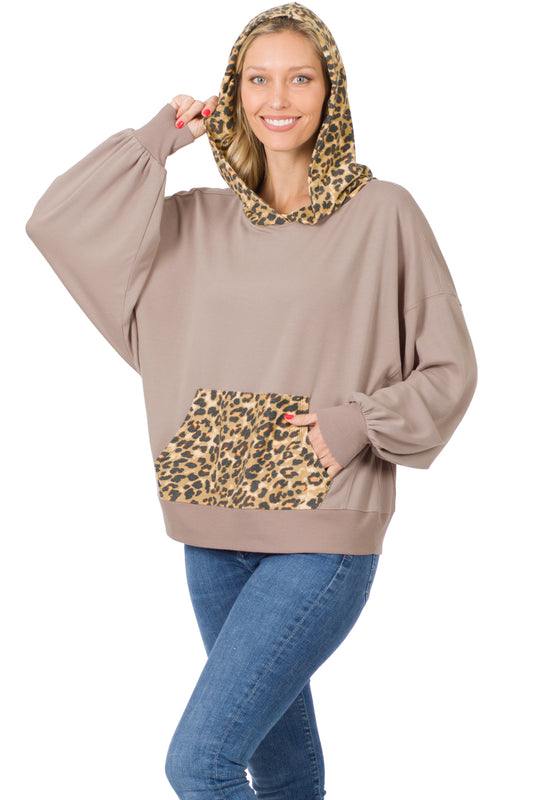 ZENANA SOFT FRENCH TERRY REVERSE LEOPARD HOODIE