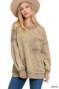 French Terry Acid Wash Raw Edge Front Pocket Pullover by Zenana