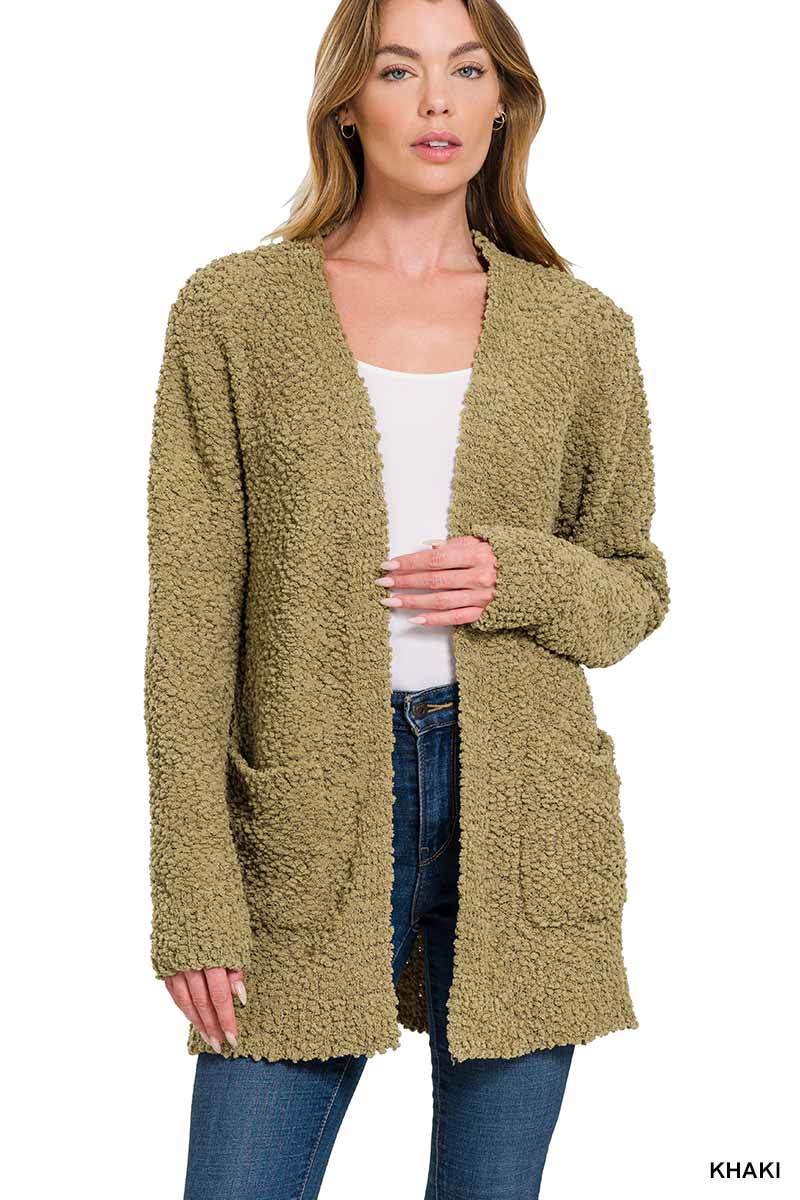 ZENANA POPCORN CARDIGAN WITH POCKETS KHAKI