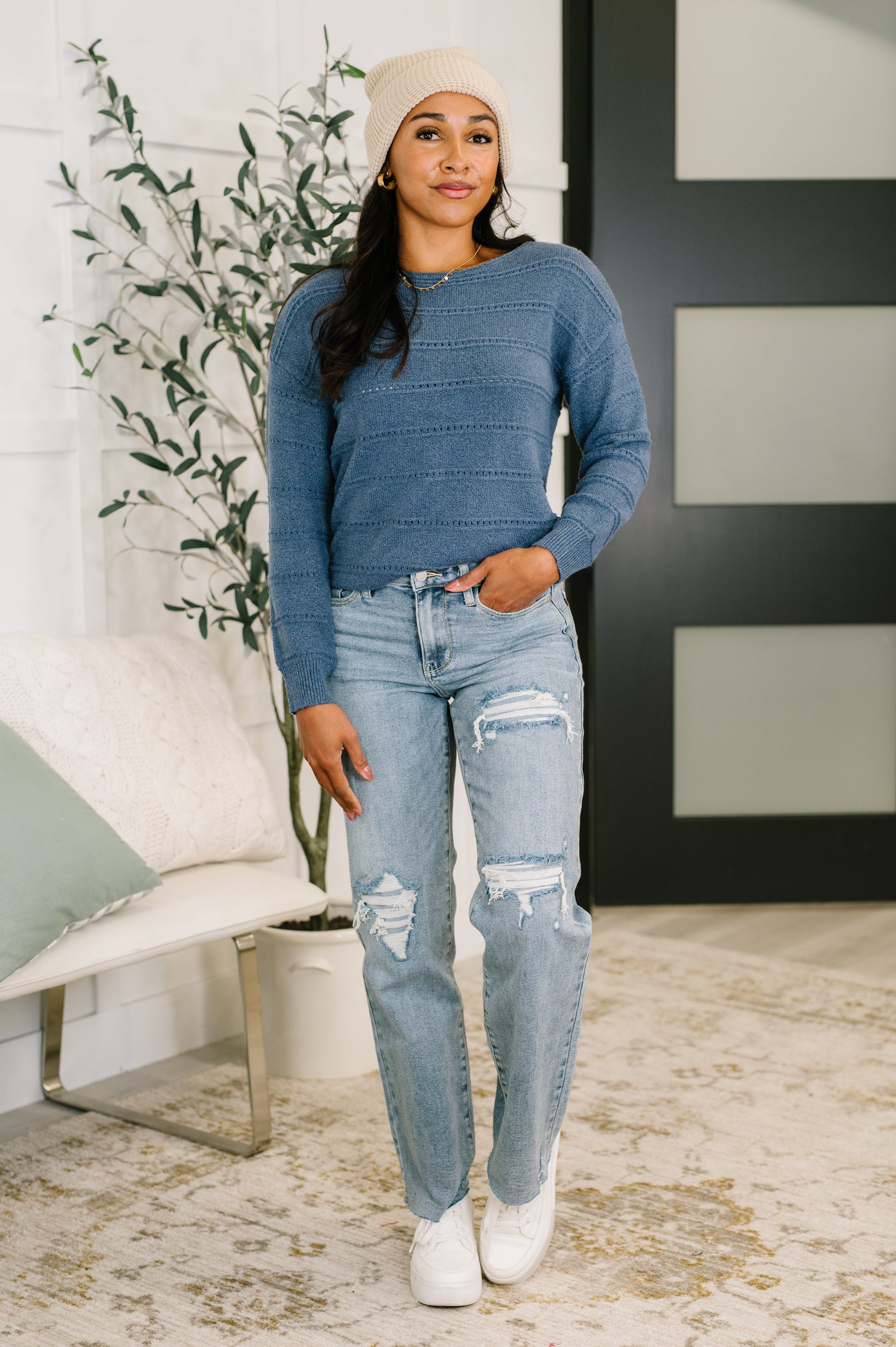 Blue Boatneck Textured Long Sleeve Sweater