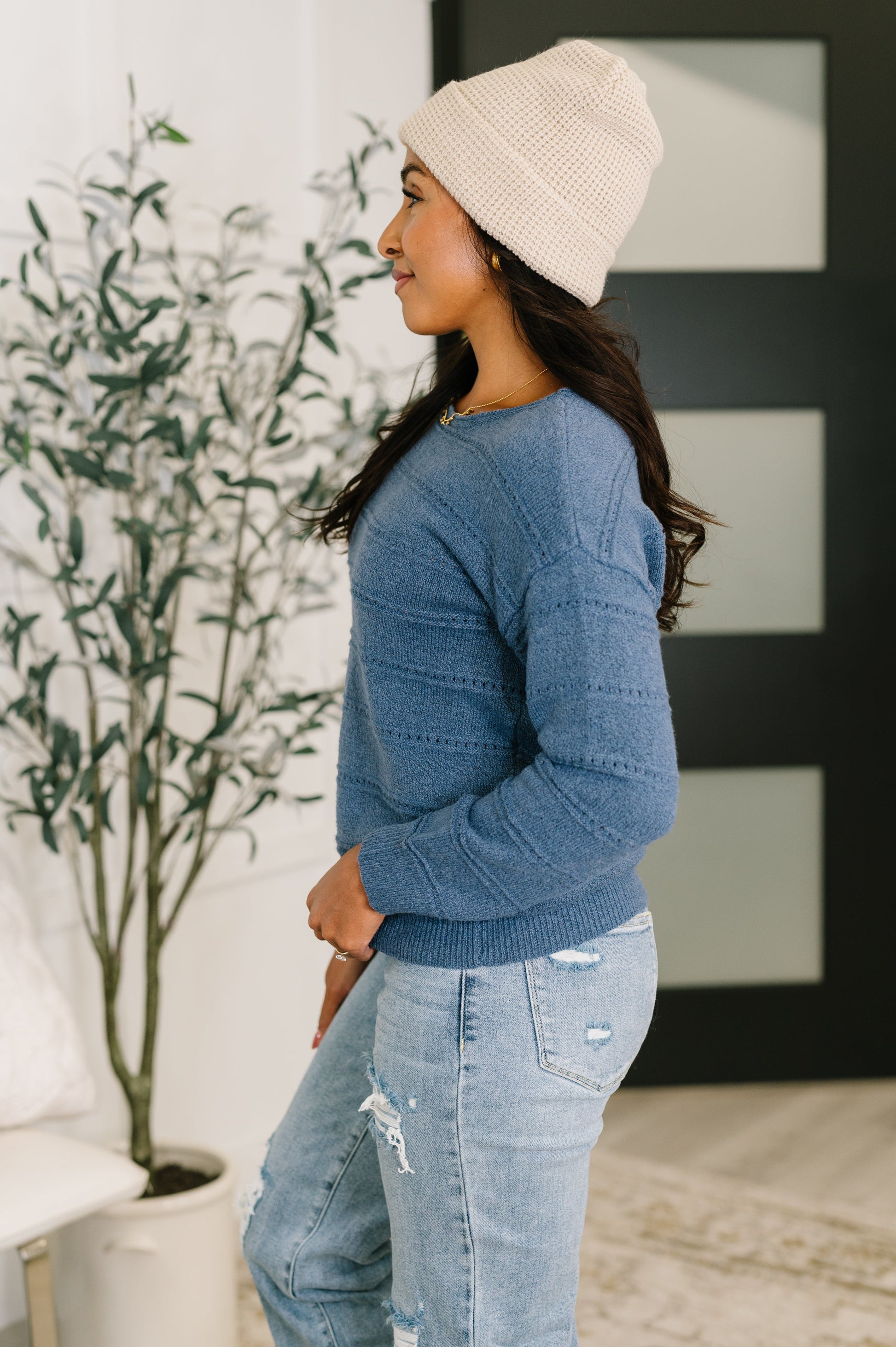 Blue Boatneck Textured Long Sleeve Sweater