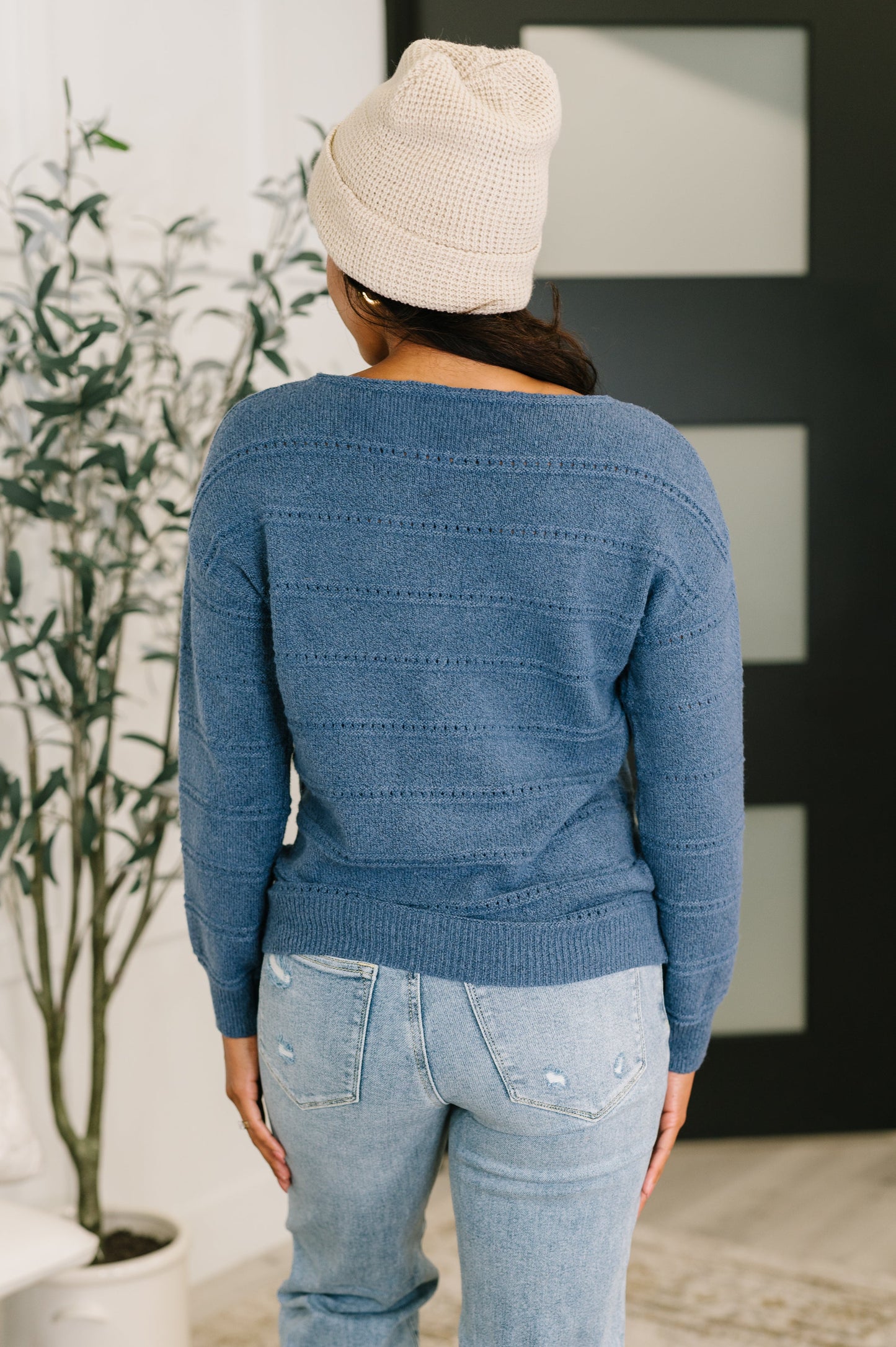 Blue Boatneck Textured Long Sleeve Sweater