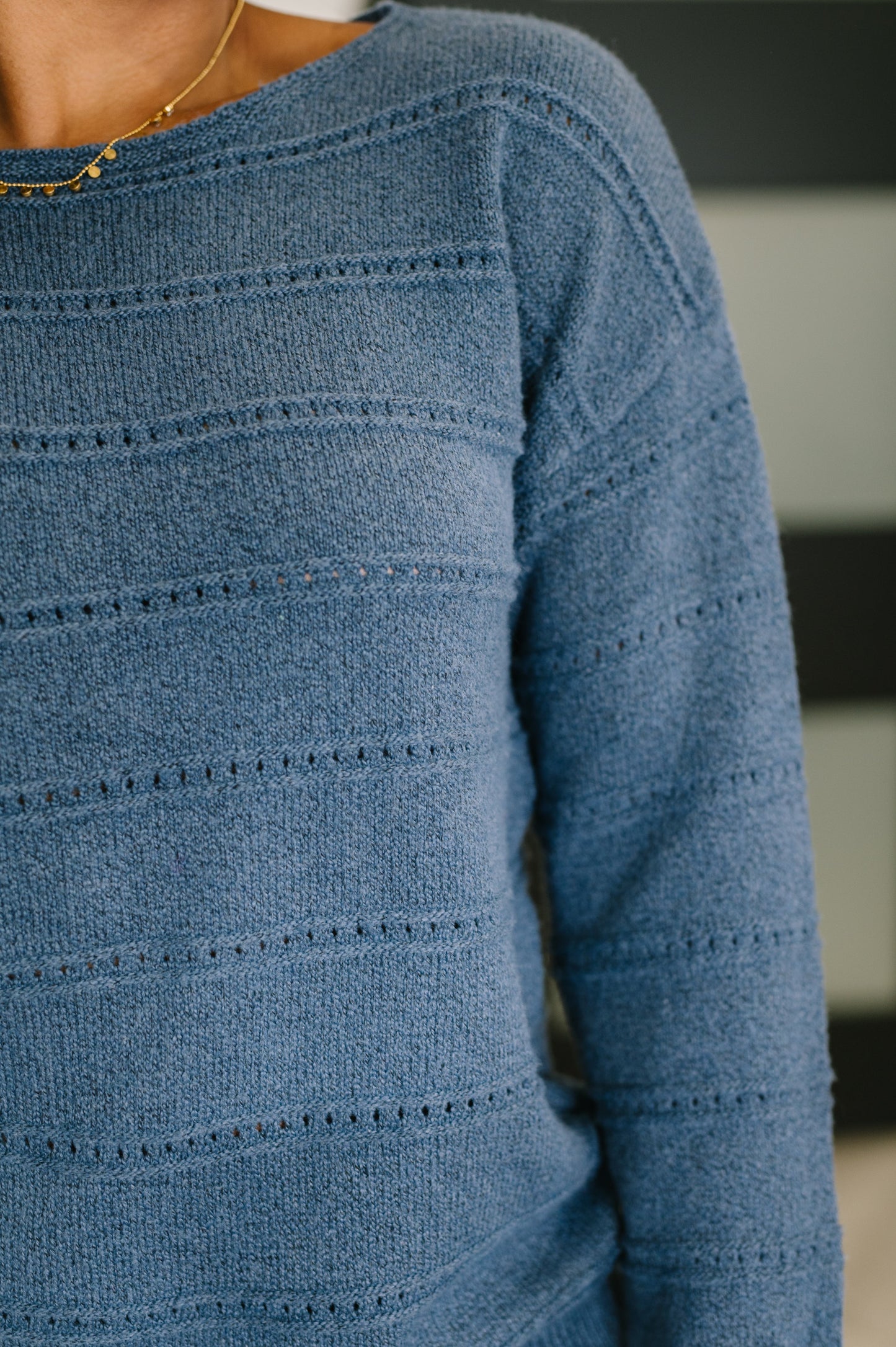 Blue Boatneck Textured Long Sleeve Sweater