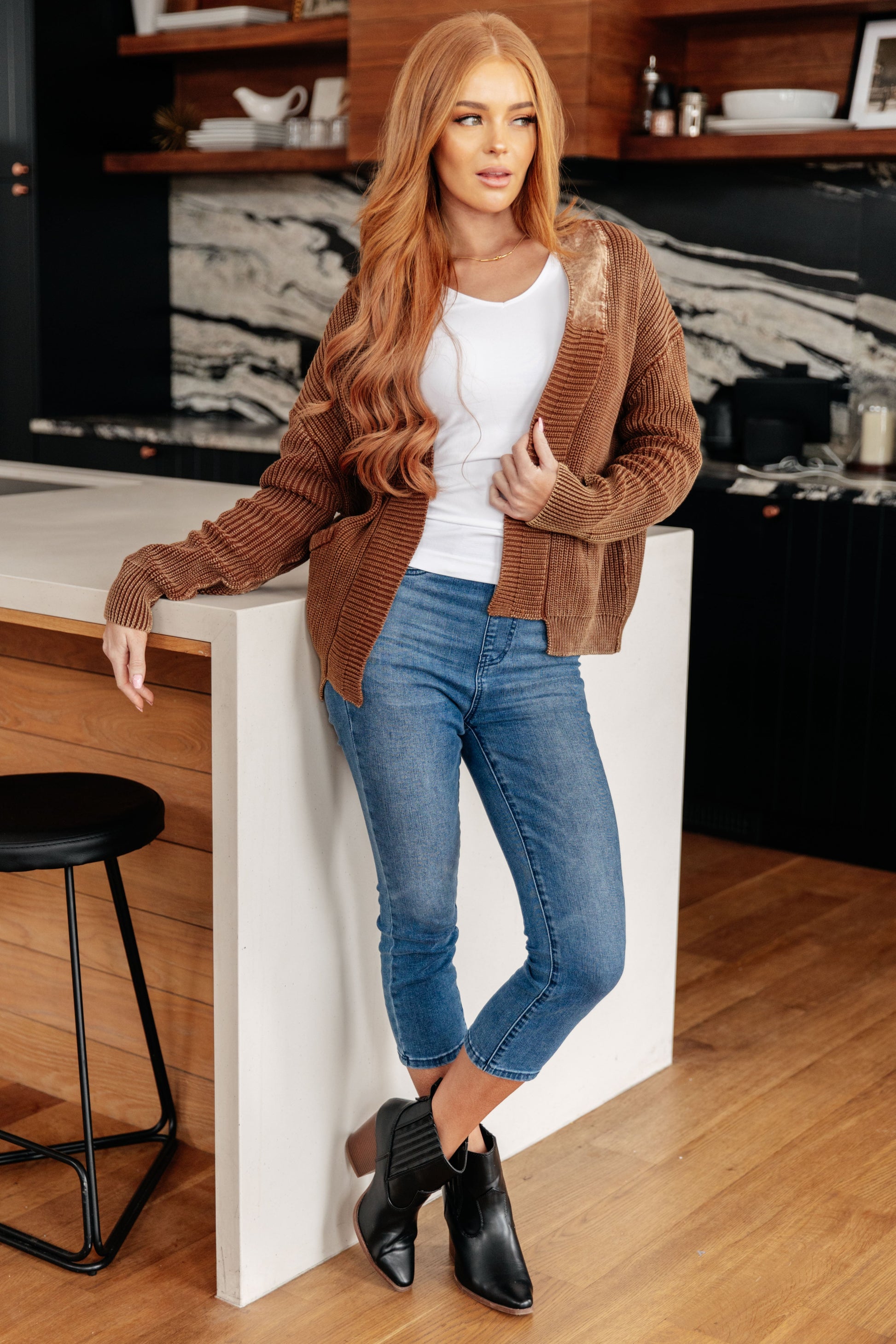 Mocha mineral washed sweater knit cardigan by Heyson