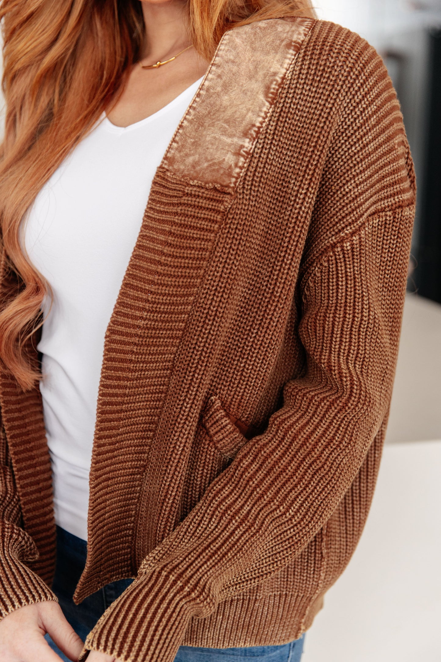 Mocha mineral washed sweater knit cardigan by Heyson