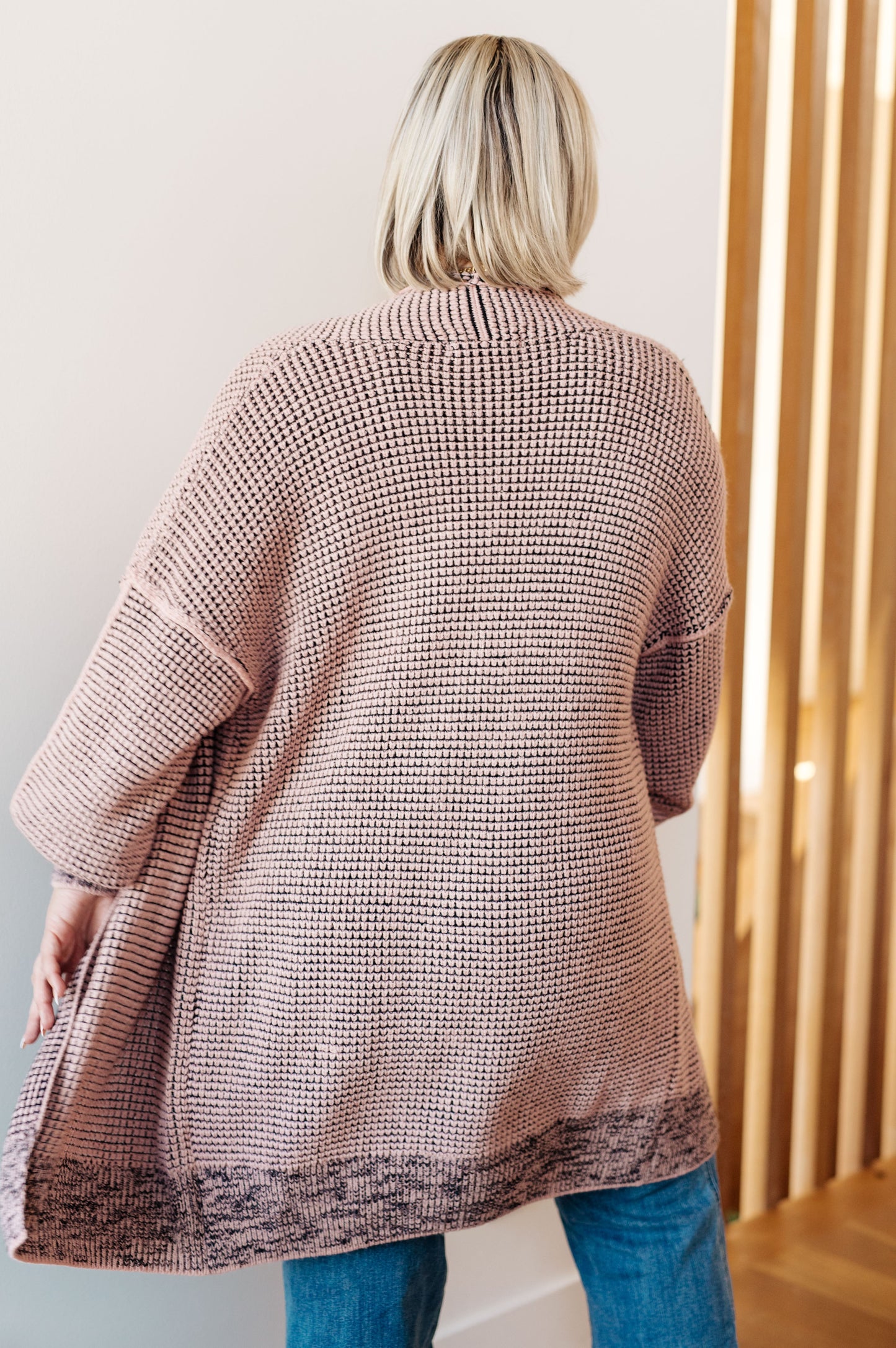 Shawl Collar Cardigan
Exposed Seams
Open Front
65% Acrylic, 35% Polyester
True to Size