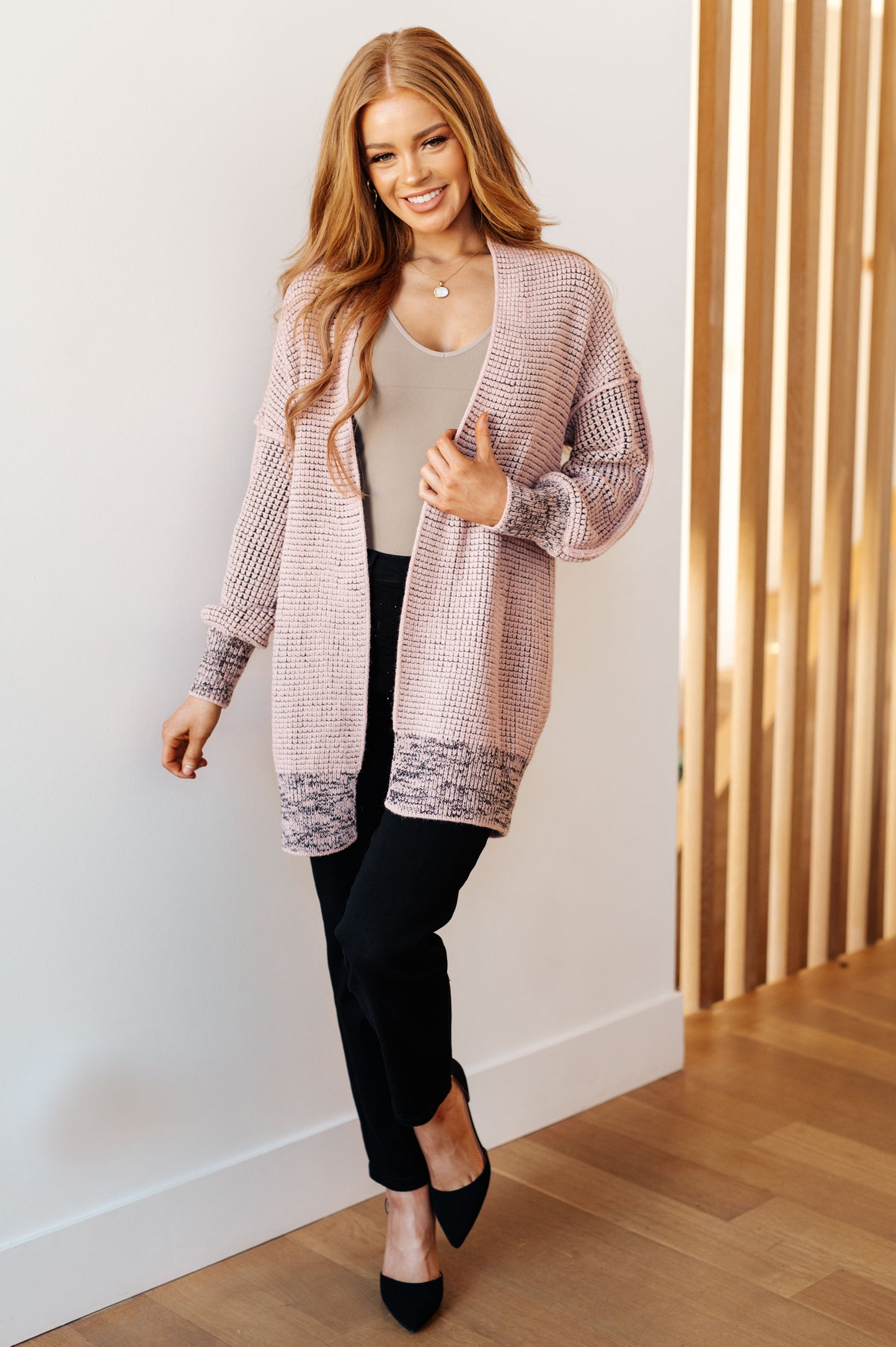 Shawl Collar Cardigan
Exposed Seams
Open Front
65% Acrylic, 35% Polyester
True to Size