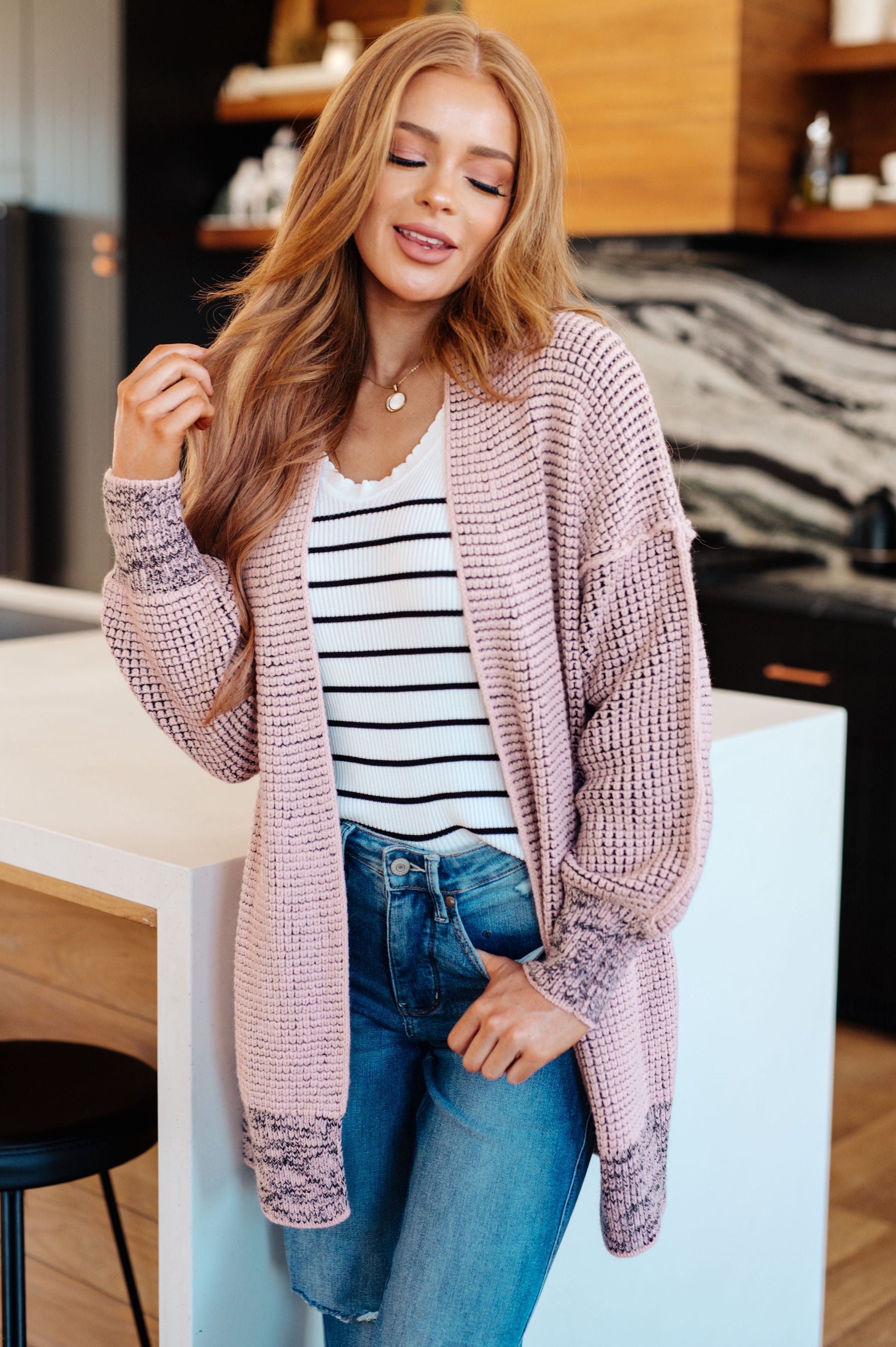 Shawl Collar Cardigan
Exposed Seams
Open Front
65% Acrylic, 35% Polyester
True to Size